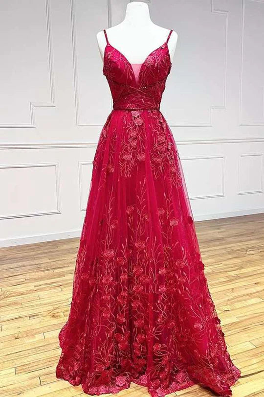Vestido de fiesta con escote en V, encaje floral y corte A
